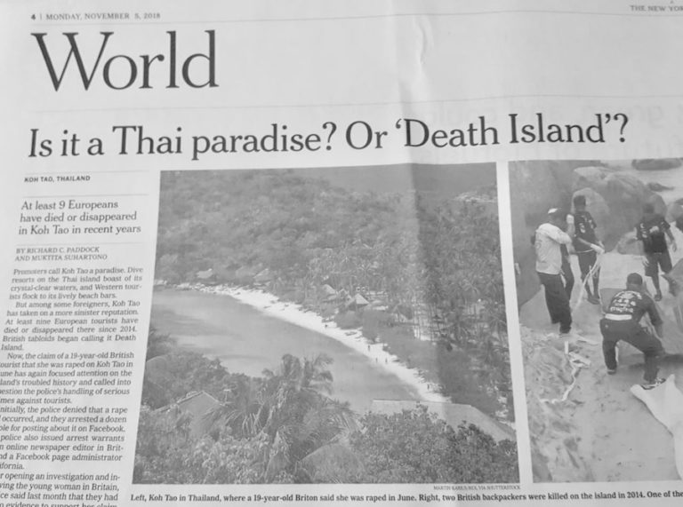 THAILANDE – LU AILLEURS: Koh Tao, «île de la mort» ? interroge le New York Times